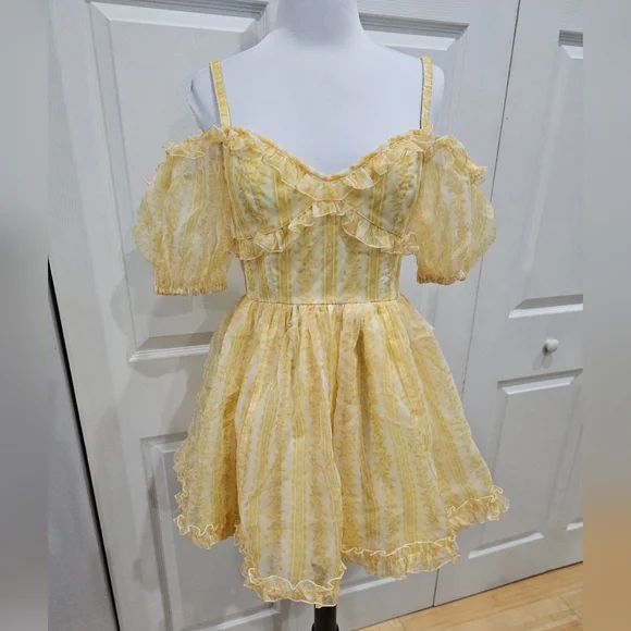 ~SOLD~Dolls Kill Sugar Thrillz SAMPLE Sense N' Sensibility Yellow Corset Dress S - Picture 2 of 14